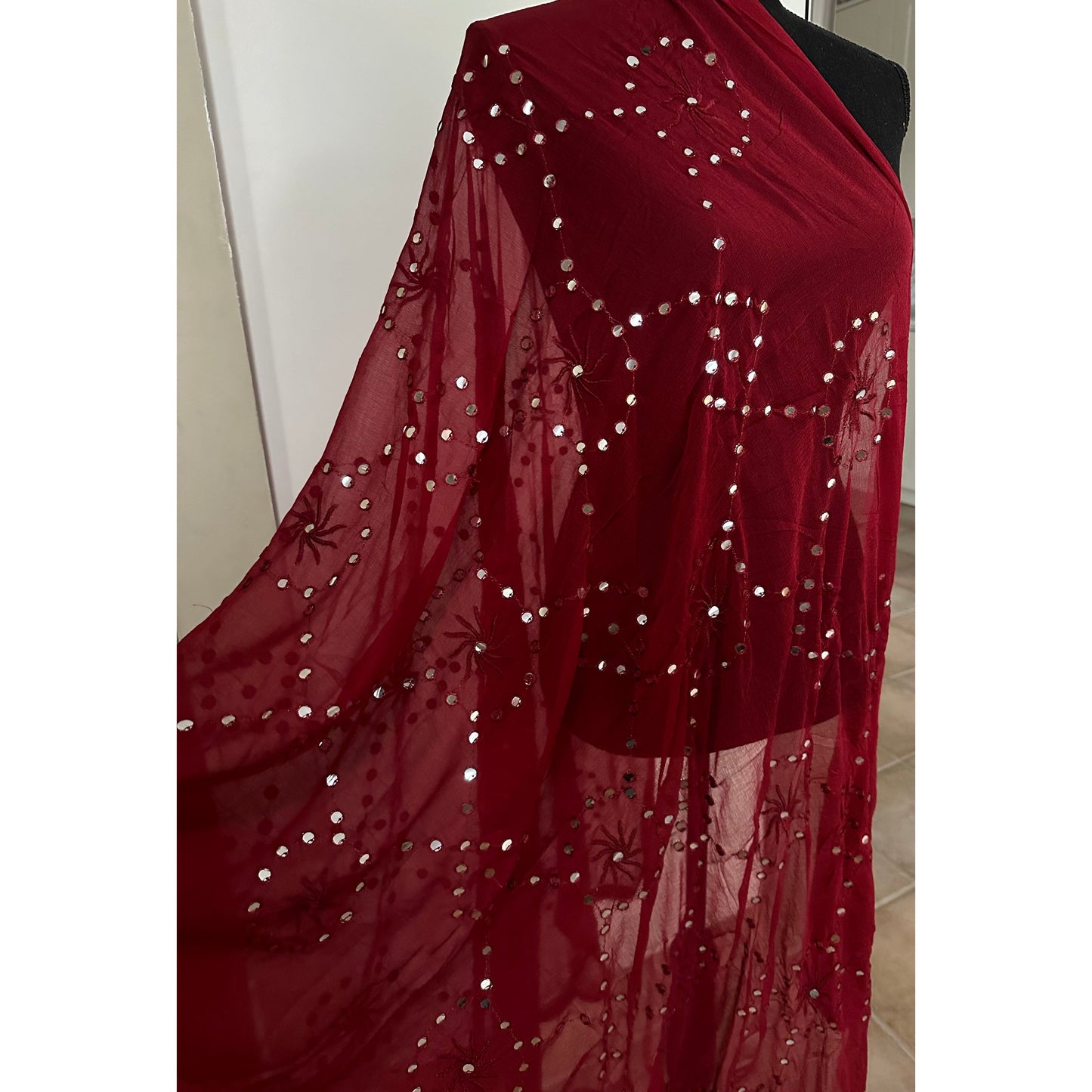 Maroon Dupatta with Mirror Details