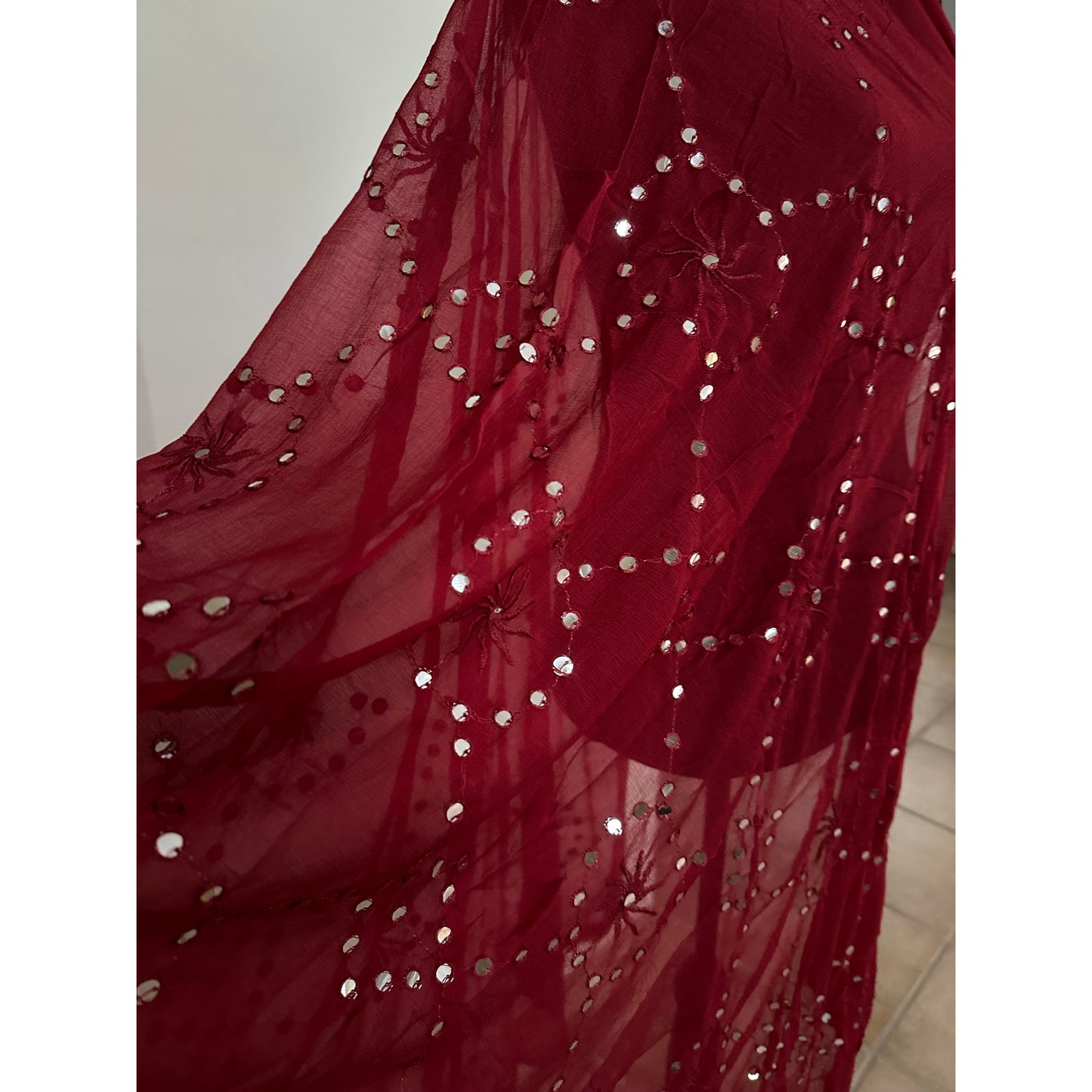 Maroon Dupatta with Mirror Details