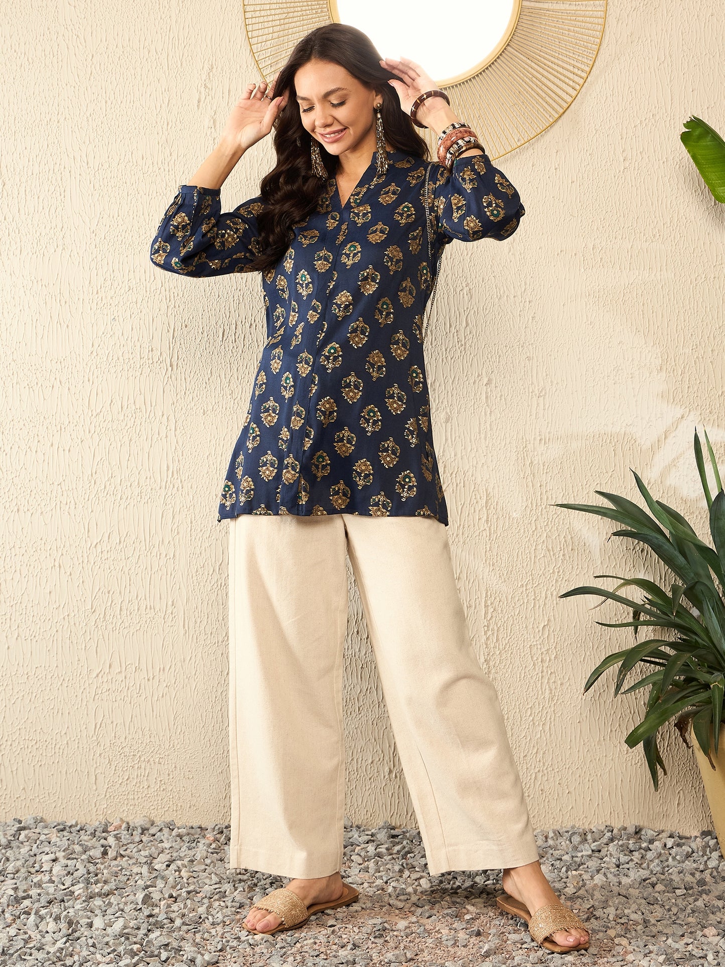 Blue Cotton Blend Floral Printed Indian Kurti /Tunic Top