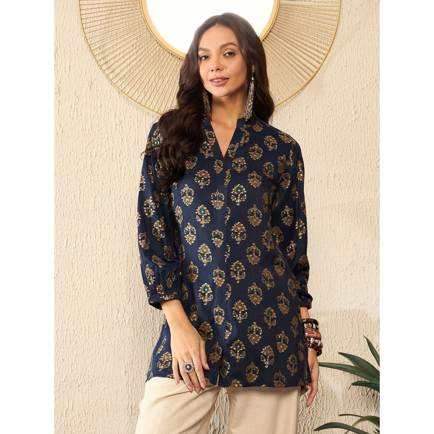 Blue Cotton Blend Floral Printed Indian Kurti /Tunic Top