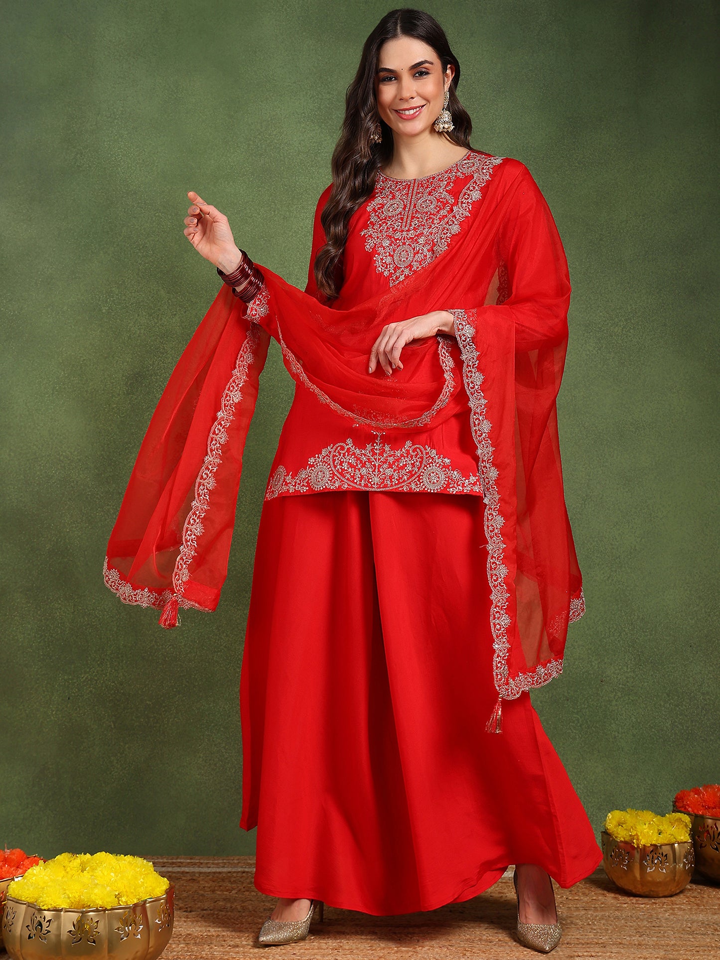 Red Silk Blend Embroidered Kurta Set for Women