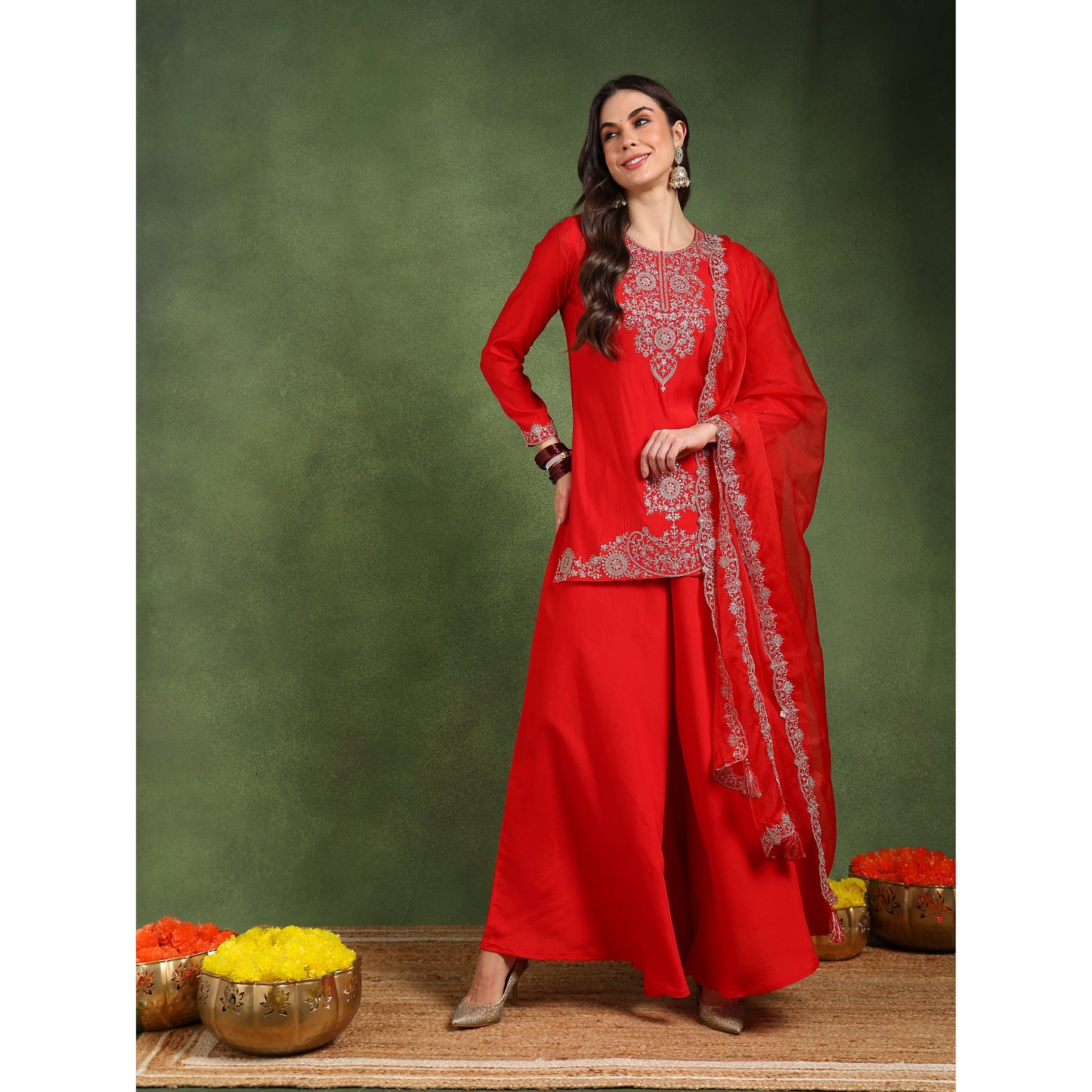 Red Silk Blend Embroidered Kurta Set for Women