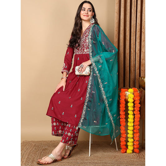 Red Silk Blend Flared Kurta Set