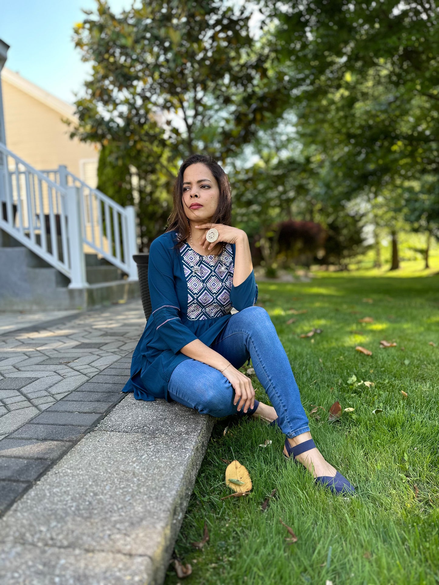 Blue Short Kurti with Embroidered Yolk