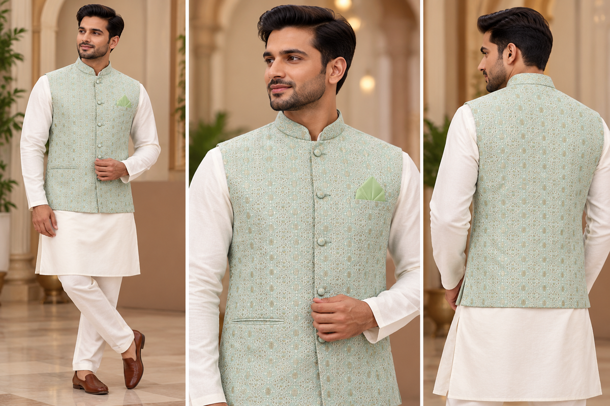 Men's Mint Green Jacquard Nehru Jacket| Festive & Wedding Wear