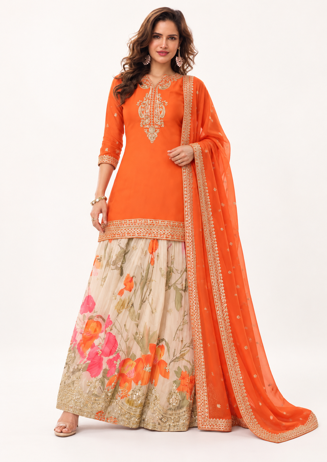 Orange Chinon Palazzo Set with Floral Print & Dupatta