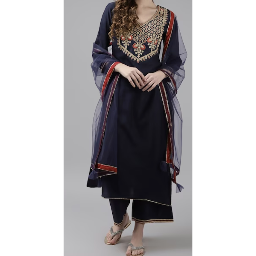 Navy Blue Kurta with Embroidered Yoke/Palazzos & Dupatta