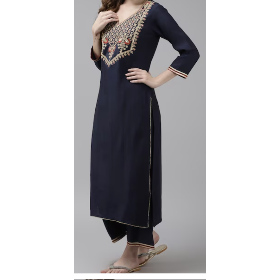 Navy Blue Kurta with Embroidered Yoke/Palazzos & Dupatta