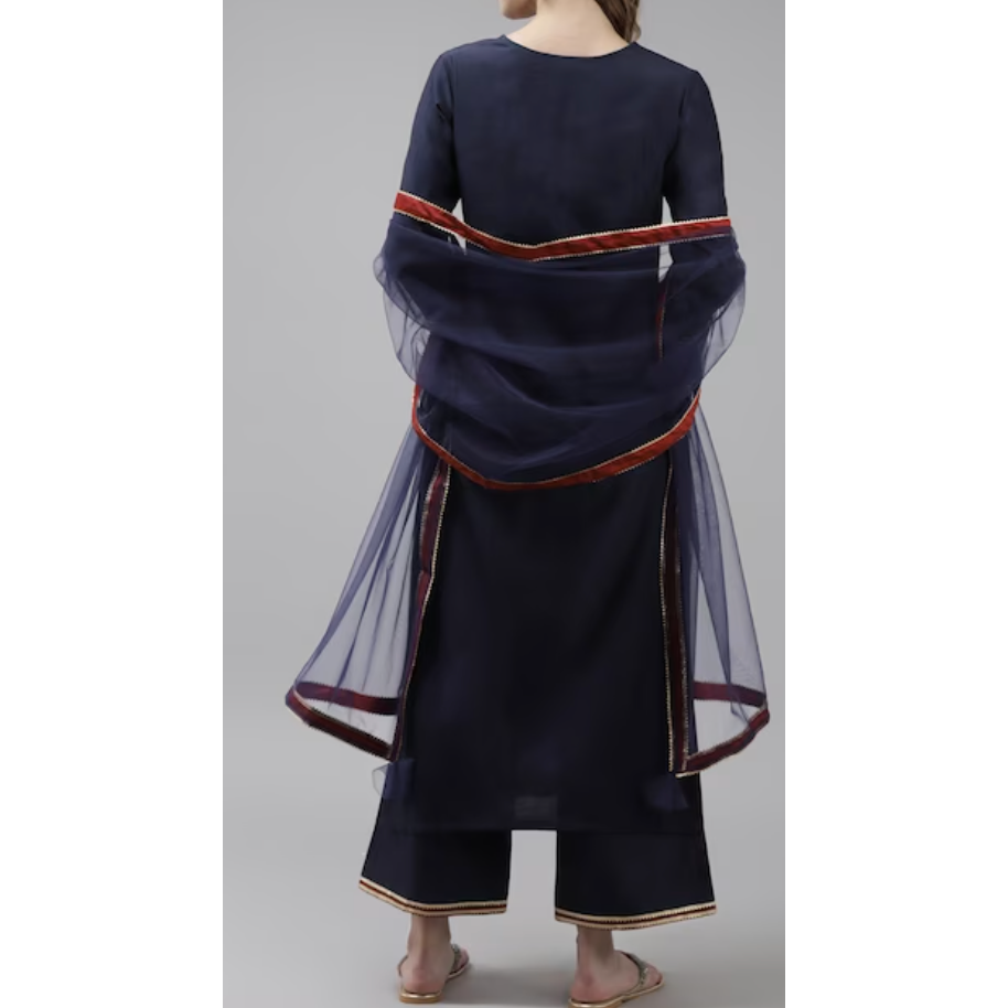 Navy Blue Kurta with Embroidered Yoke/Palazzos & Dupatta