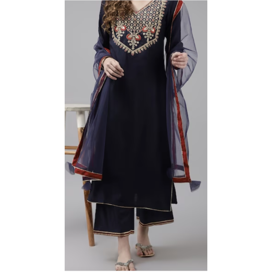 Navy Blue Kurta with Embroidered Yoke/Palazzos & Dupatta