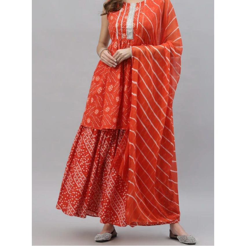 Festive Wear Kurta Sets for Women: Orange Bandhini printed Cotton Kurta Set