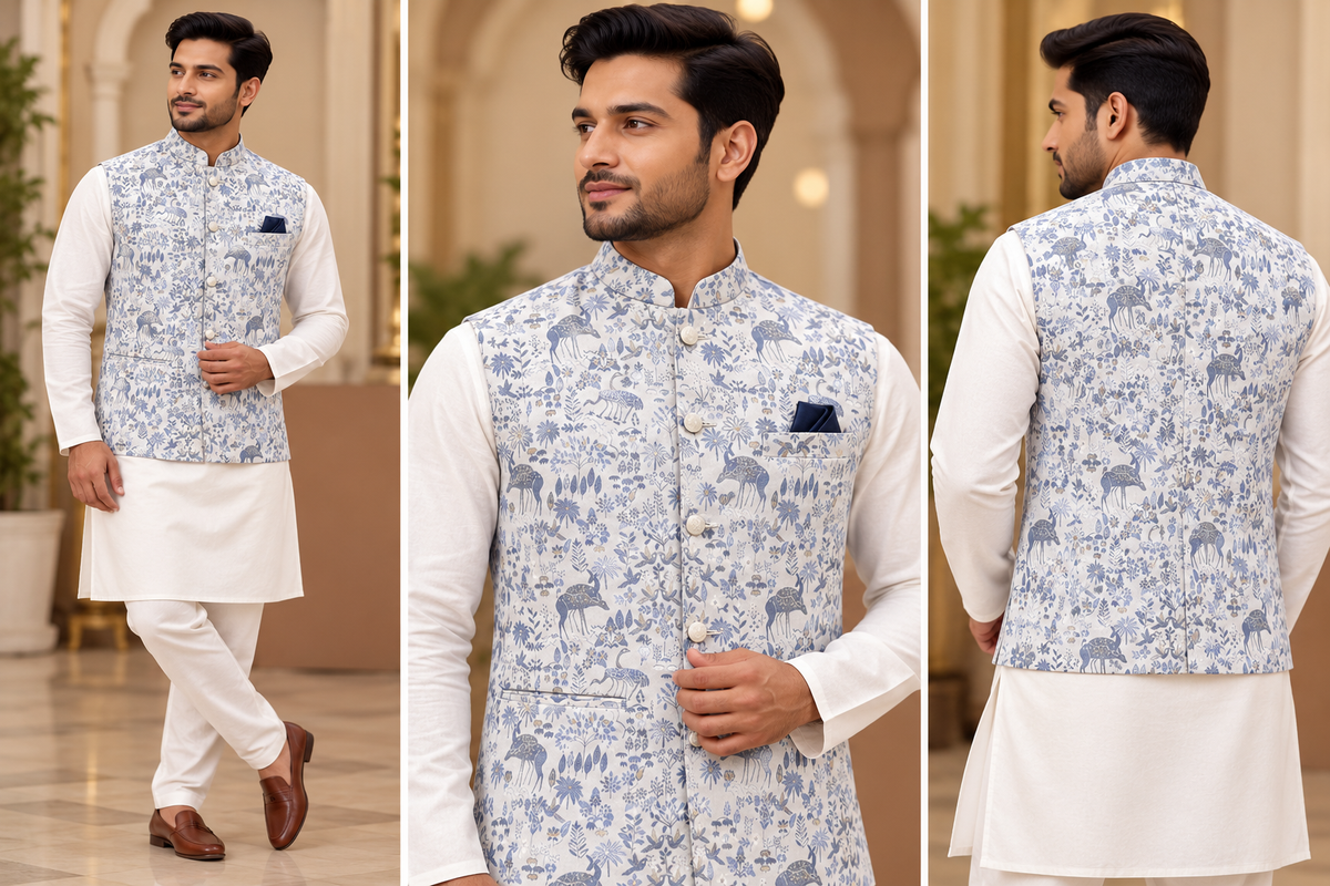 Men's Ivory & Blue Forest Print Jacquard Nehru Jacket | Indian Wedding & Festive Wear