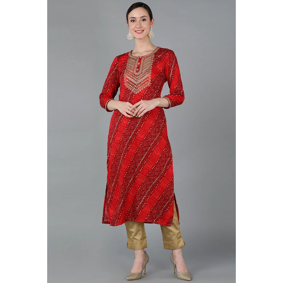 Red Viscose Rayon Geometric Straight Kurta