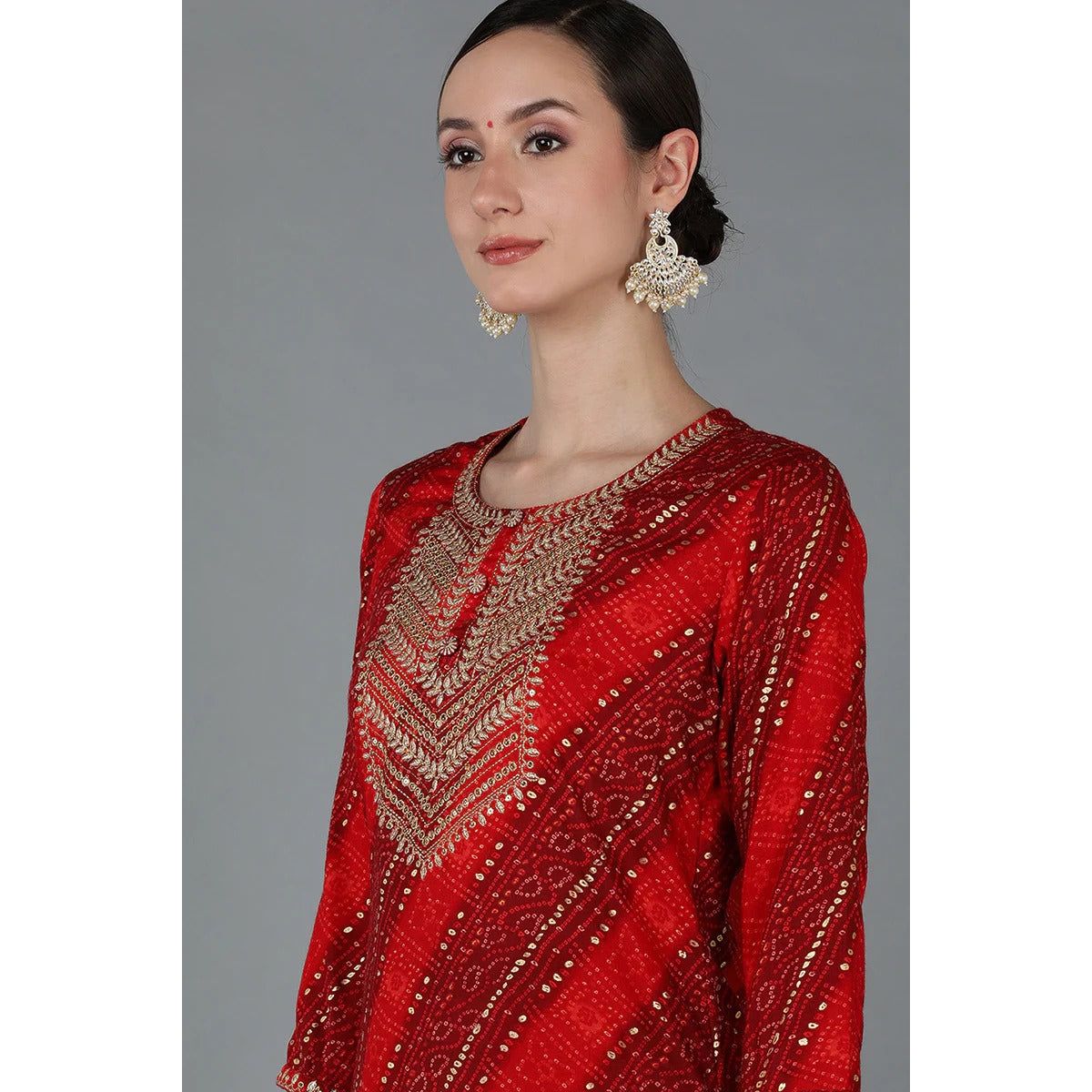 Red Viscose Rayon Geometric Straight Kurta