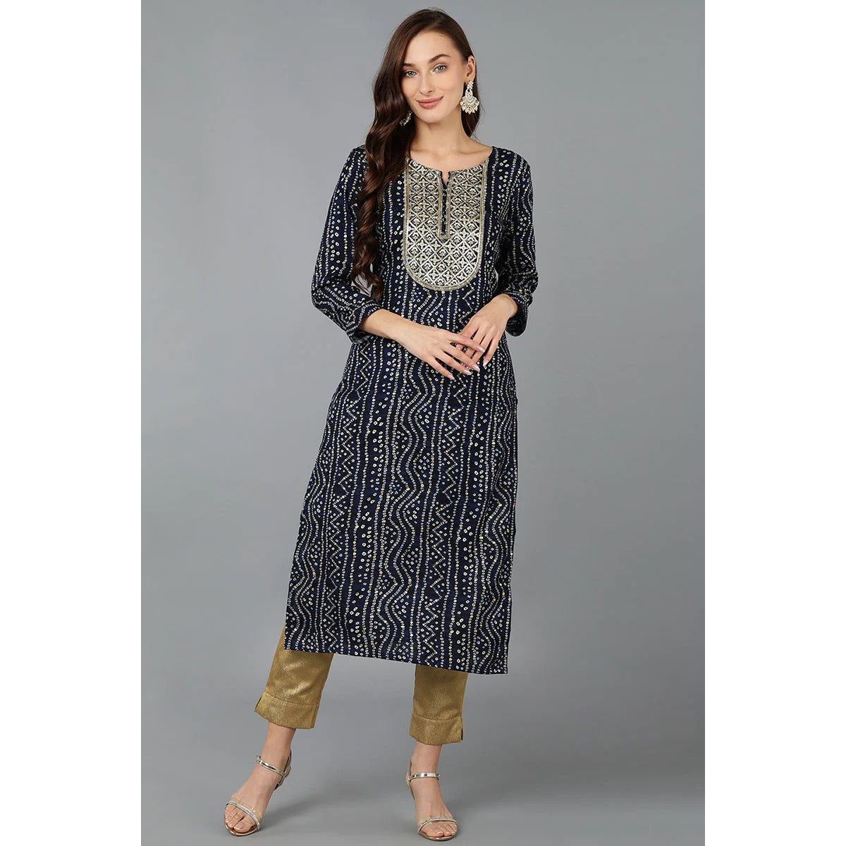 Navy Blue Viscose Rayon Bandhani Embroidered Straight Kurta