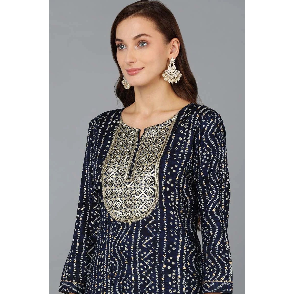 Navy Blue Viscose Rayon Bandhani Embroidered Straight Kurta