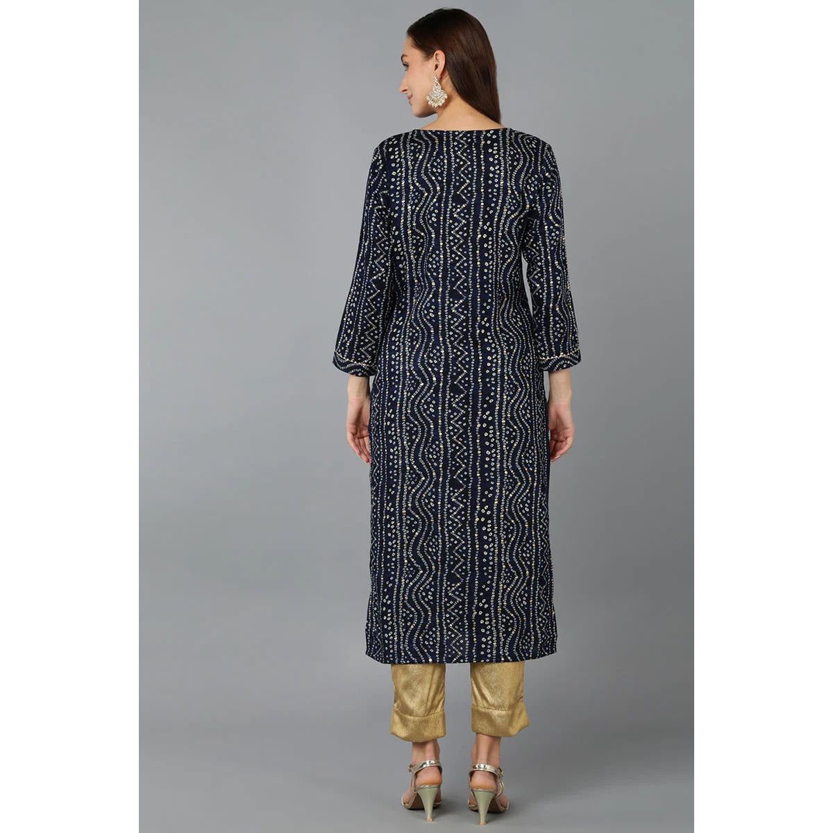 Navy Blue Viscose Rayon Bandhani Embroidered Straight Kurta