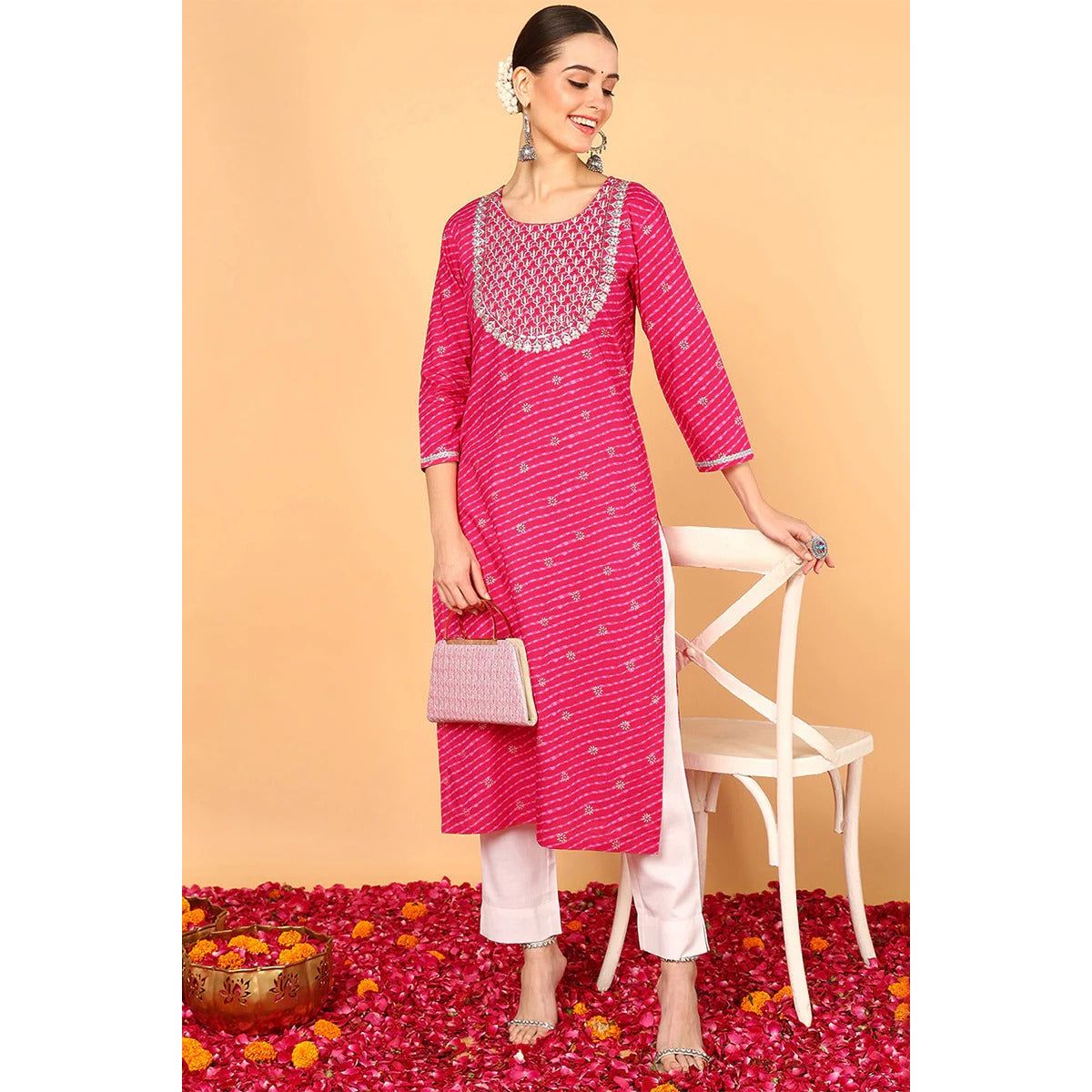 Pink Cotton Leheriya Printed Straight Kurta