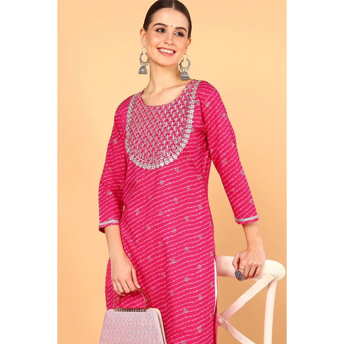 Pink Cotton Leheriya Printed Straight Kurta