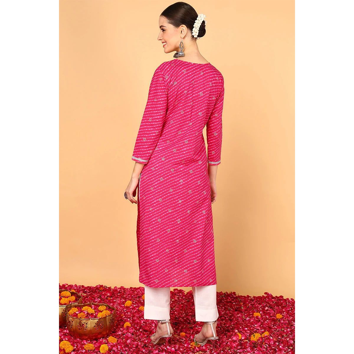 Pink Cotton Leheriya Printed Straight Kurta