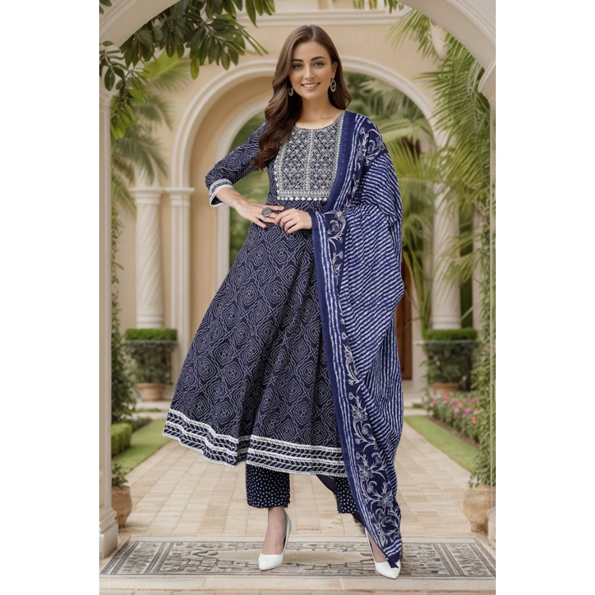 Navy Blue Embroidered Yolk Festive Wear Anarkali Set