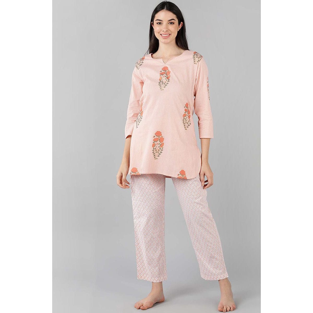 Pink Cotton Striped Night Suit