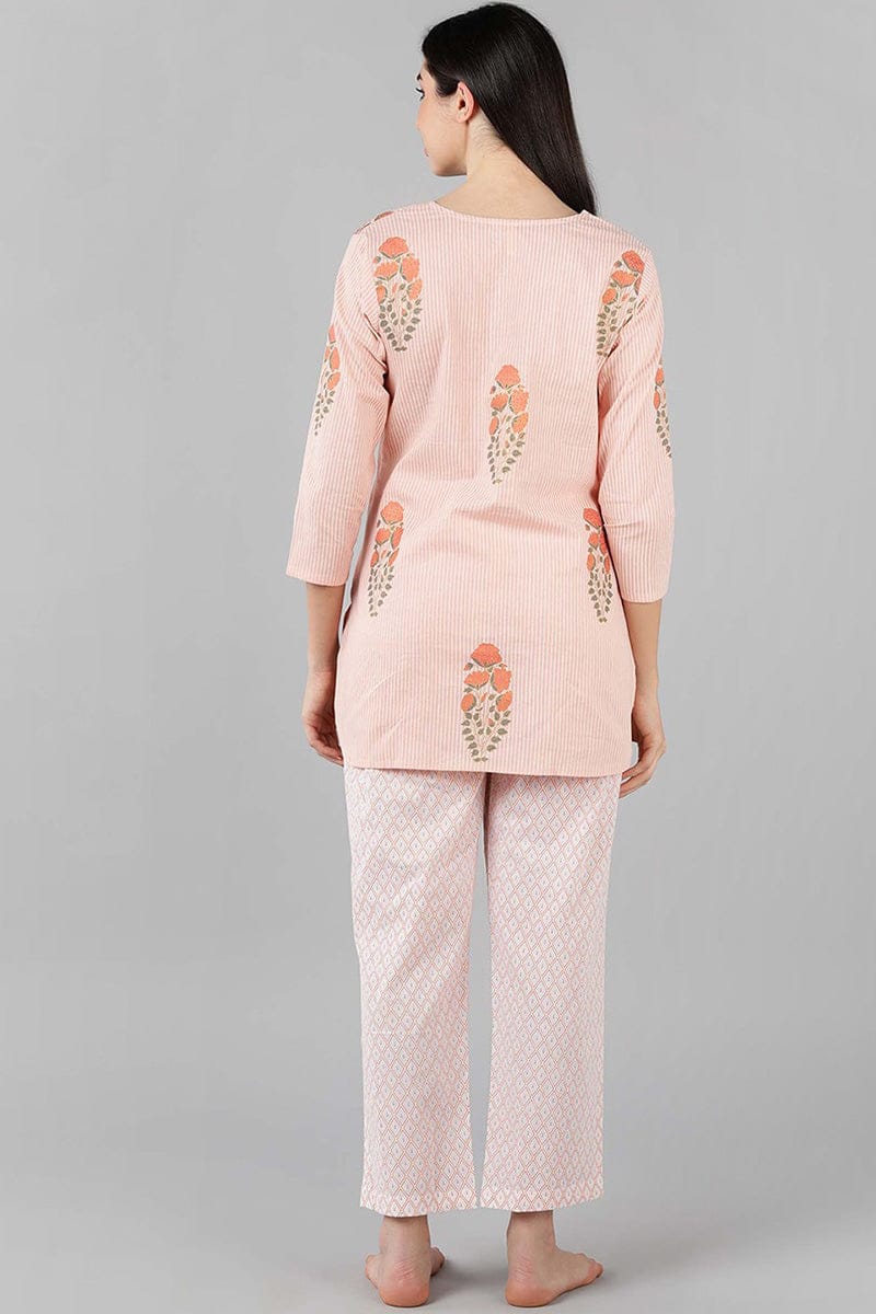 Pink Cotton Striped Night Suit