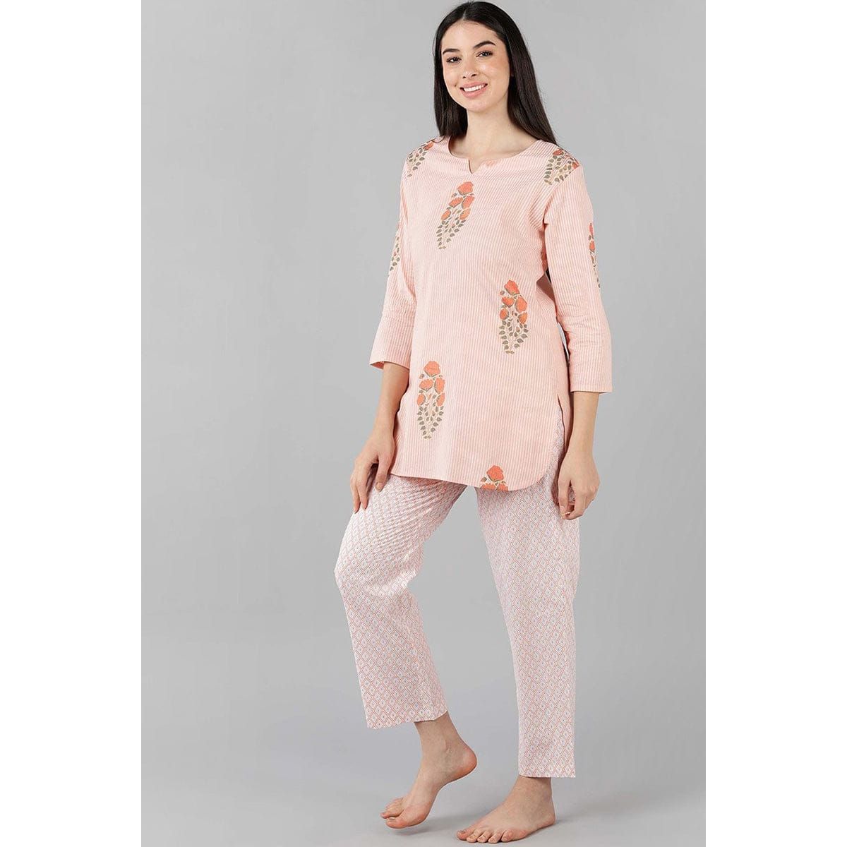 Pink Cotton Striped Night Suit