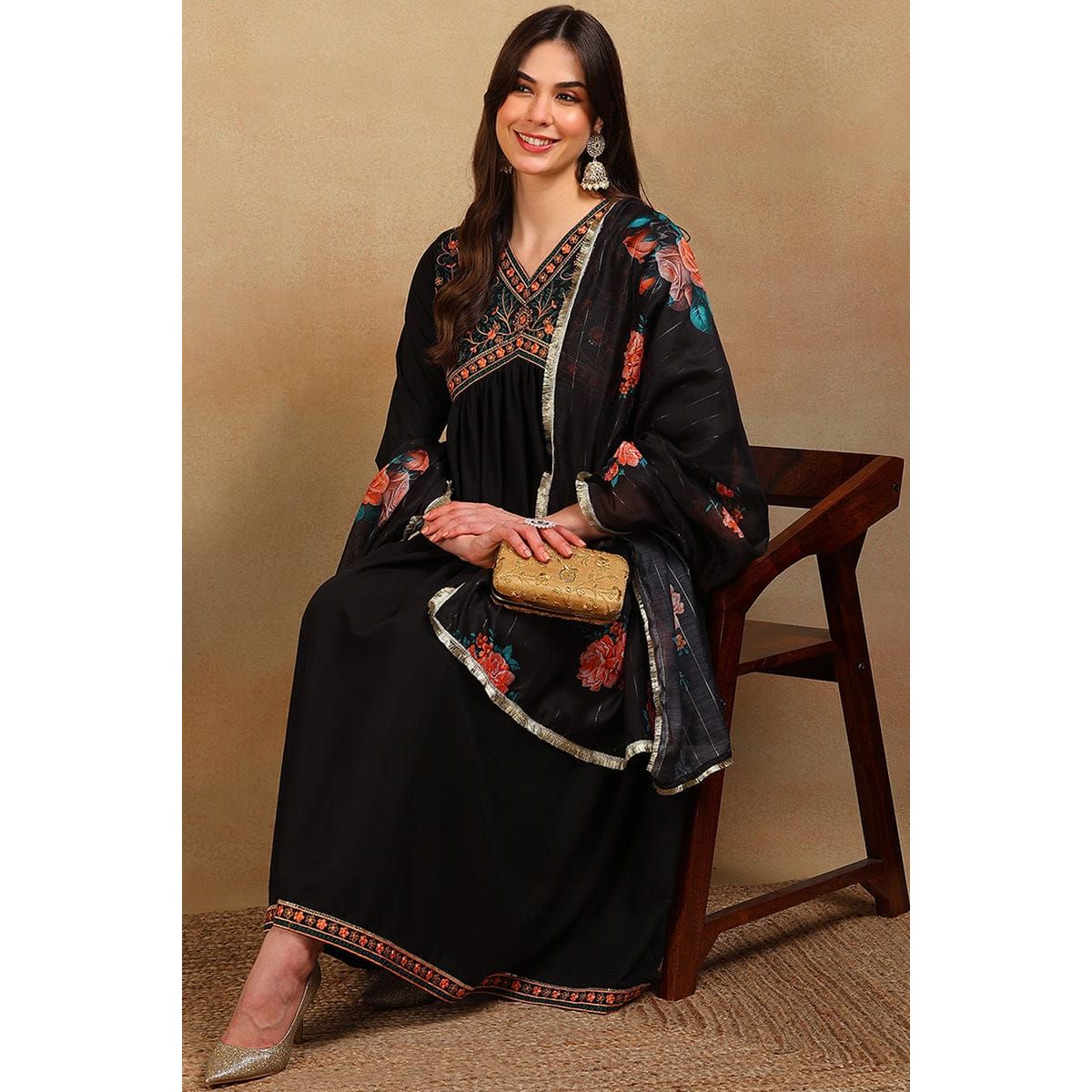 Black Silk Blend Solid Embroidered  Flared Empire Festive Set