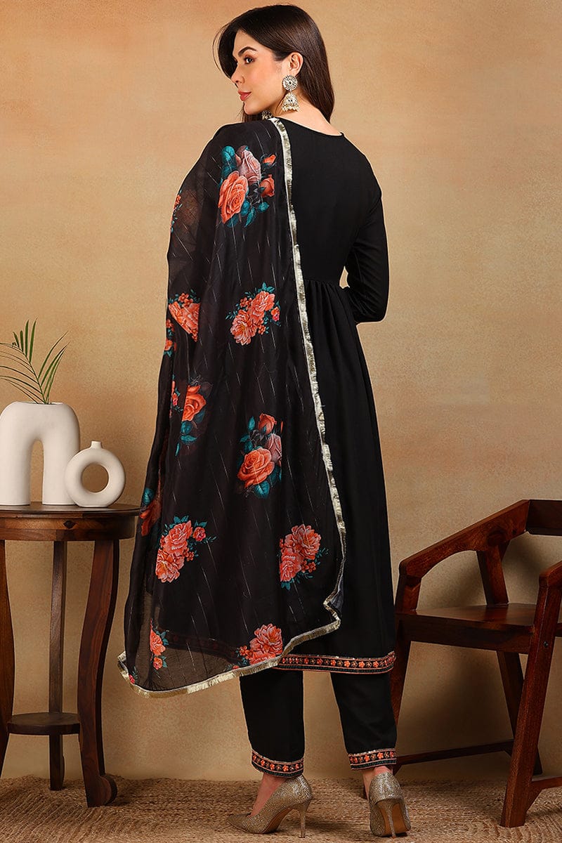 Black Silk Blend Solid Embroidered  Flared Empire Festive Set