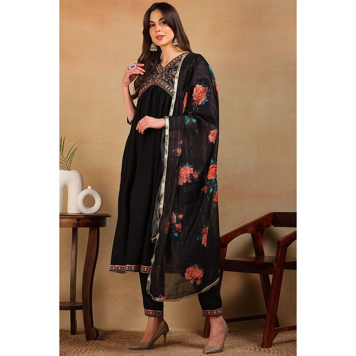 Black Silk Blend Solid Embroidered  Flared Empire Festive Set