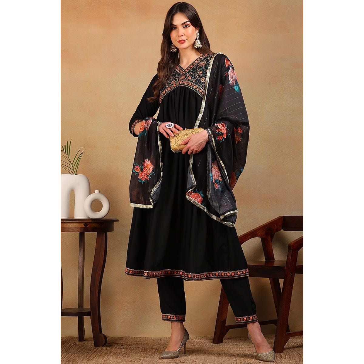 Black Silk Blend Solid Embroidered  Flared Empire Festive Set