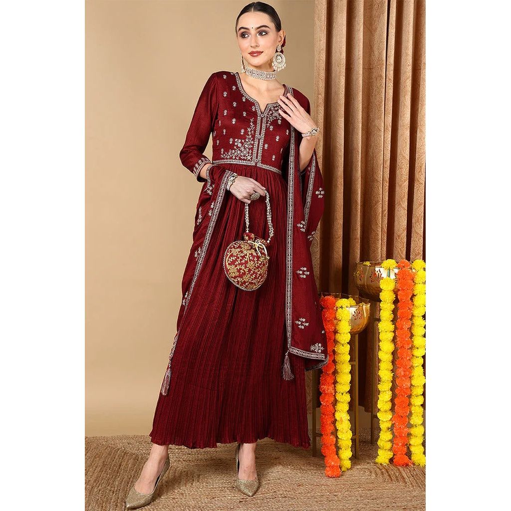 Maroon Silk Blend Embroidered Anarkali Style Suit Set for Diwali/Festive Wear