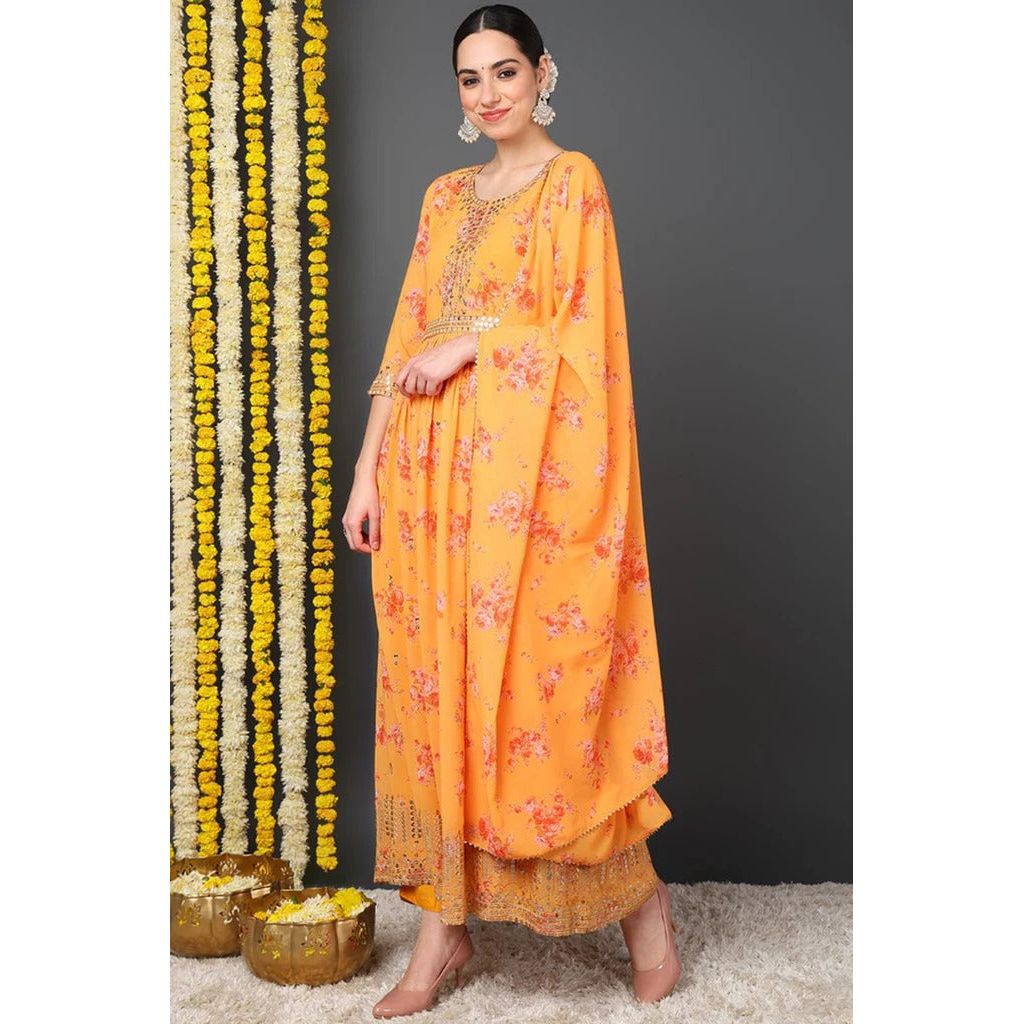 Orange Georgette Floral Printed Flared Suit Set for Diwali/Festive Wear