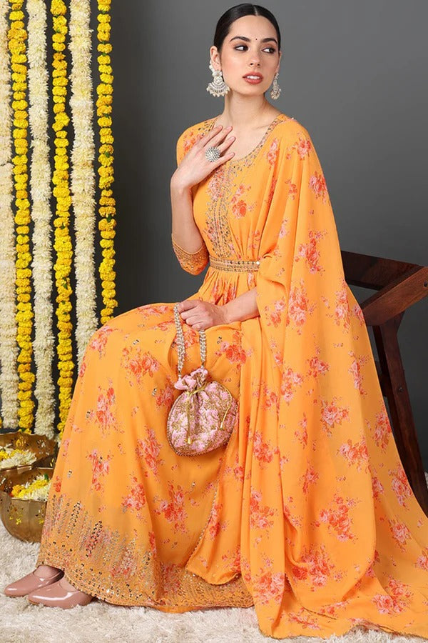 Orange Georgette Floral Printed Flared Suit Set for Diwali/Festive Wear