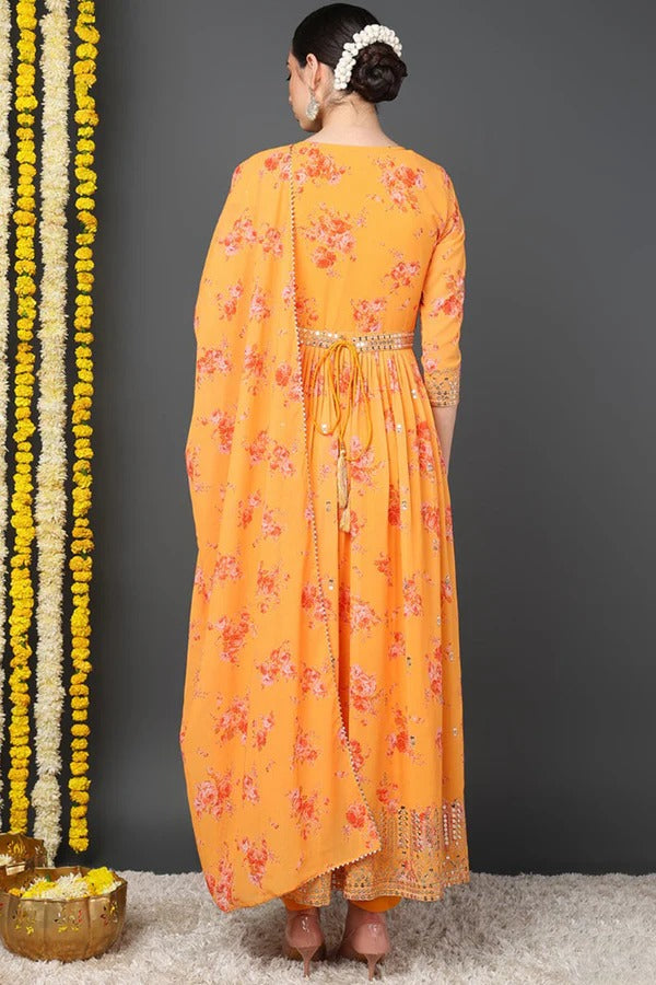 Orange Georgette Floral Printed Flared Suit Set for Diwali/Festive Wear