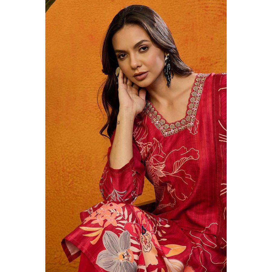 Red Silk Blend Floral Printed Straight Suit Set