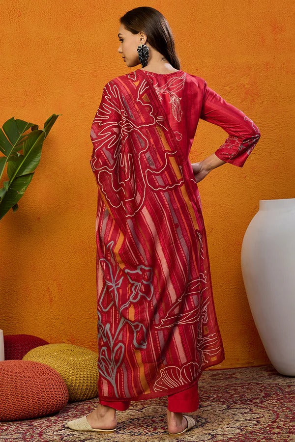 Red Silk Blend Floral Printed Straight Suit Set