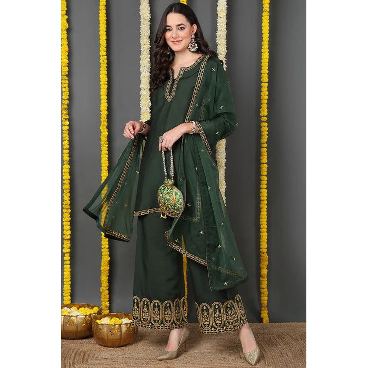 Green Silk Blend Suit Set for Diwali/Festive Wear