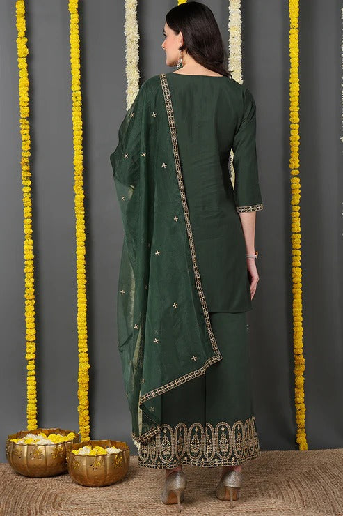 Green Silk Blend Suit Set for Diwali/Festive Wear