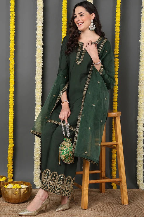 Green Silk Blend Suit Set for Diwali/Festive Wear