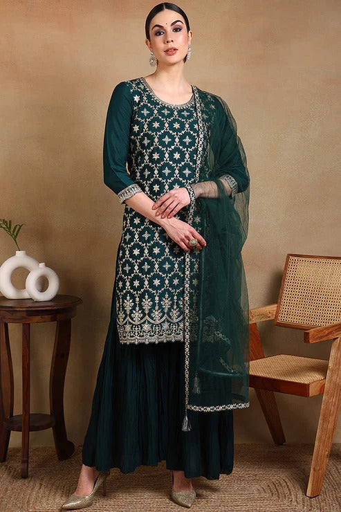 Green Silk Blend Kurta Sharara With Dupatta for Diwali/Festive Wear