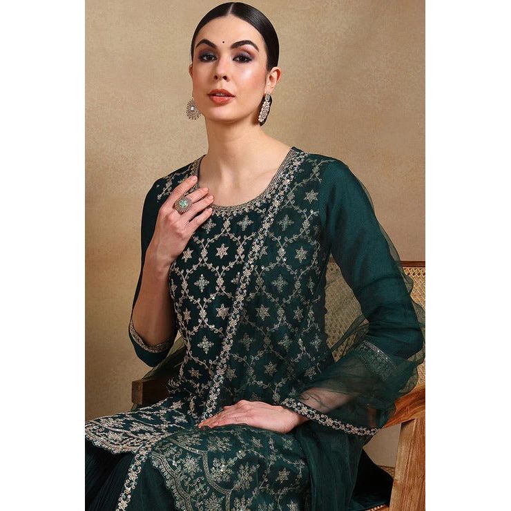 Green Silk Blend Kurta Sharara With Dupatta for Diwali/Festive Wear