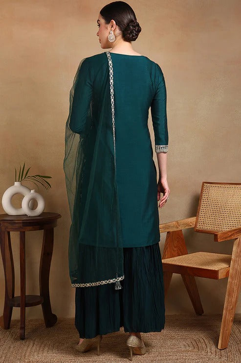 Green Silk Blend Kurta Sharara With Dupatta for Diwali/Festive Wear