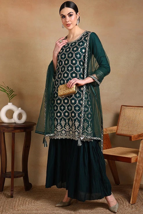 Green Silk Blend Kurta Sharara With Dupatta for Diwali/Festive Wear