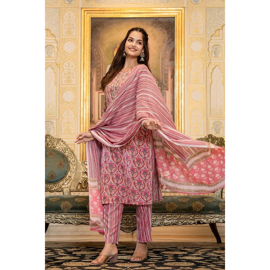 Pink Rayon Blend Ethnic Motifs Printed Straight Suit Set