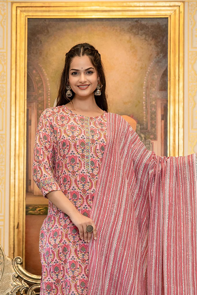 Pink Rayon Blend Ethnic Motifs Printed Straight Suit Set