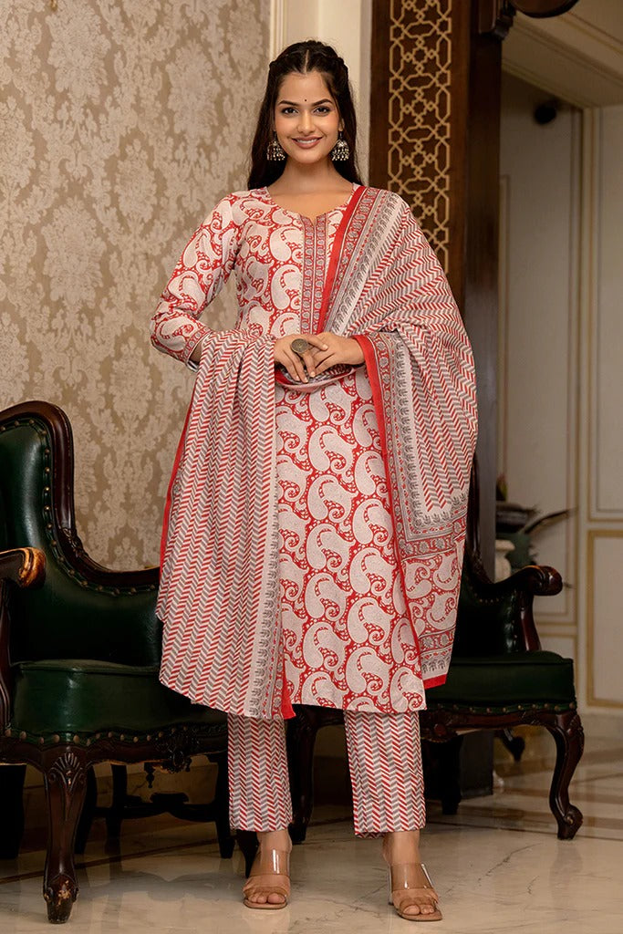 Red Rayon Blend Paisley Printed Straight Suit Set With Trouser Bottom