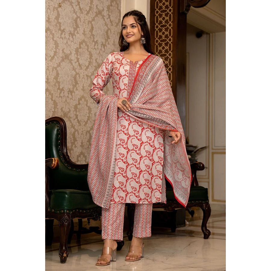 Red Rayon Blend Paisley Printed Straight Suit Set With Trouser Bottom