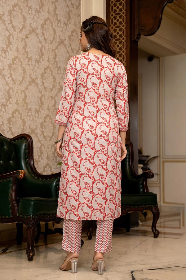 Red Rayon Blend Paisley Printed Straight Suit Set With Trouser Bottom